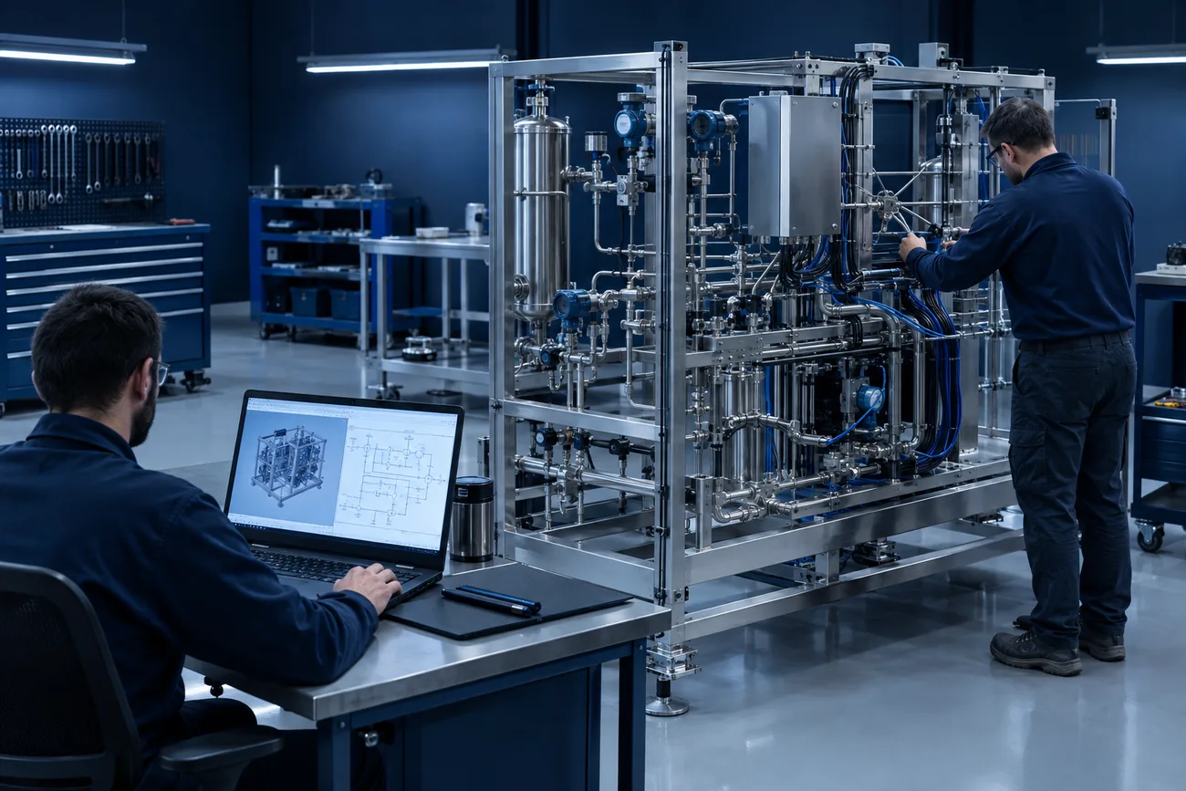 Two engineers building and instrumenting a custom stainless test stand in a shop