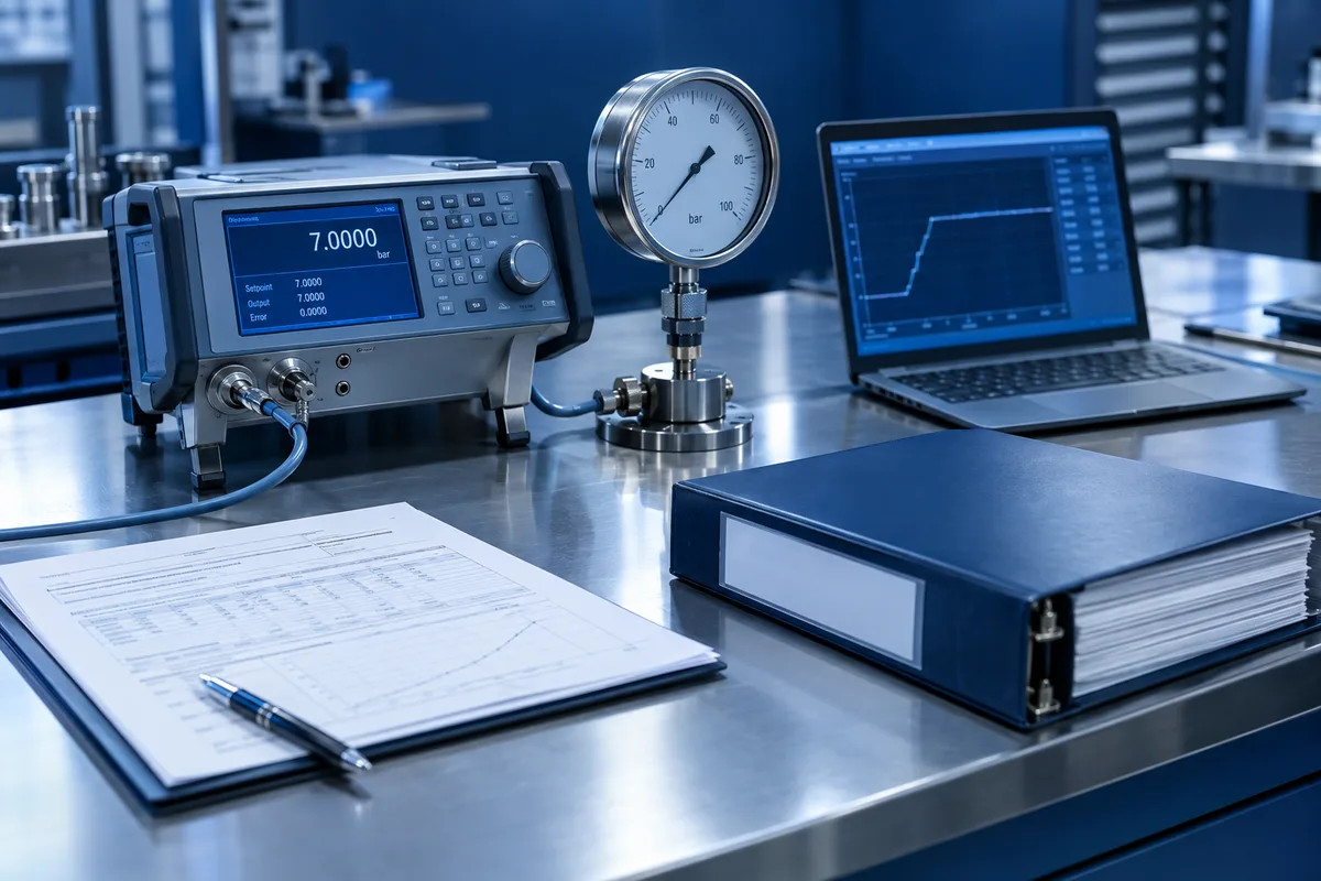 Pressure calibrator, reference gauge, data trace, and controlled document binder on a calibration bench