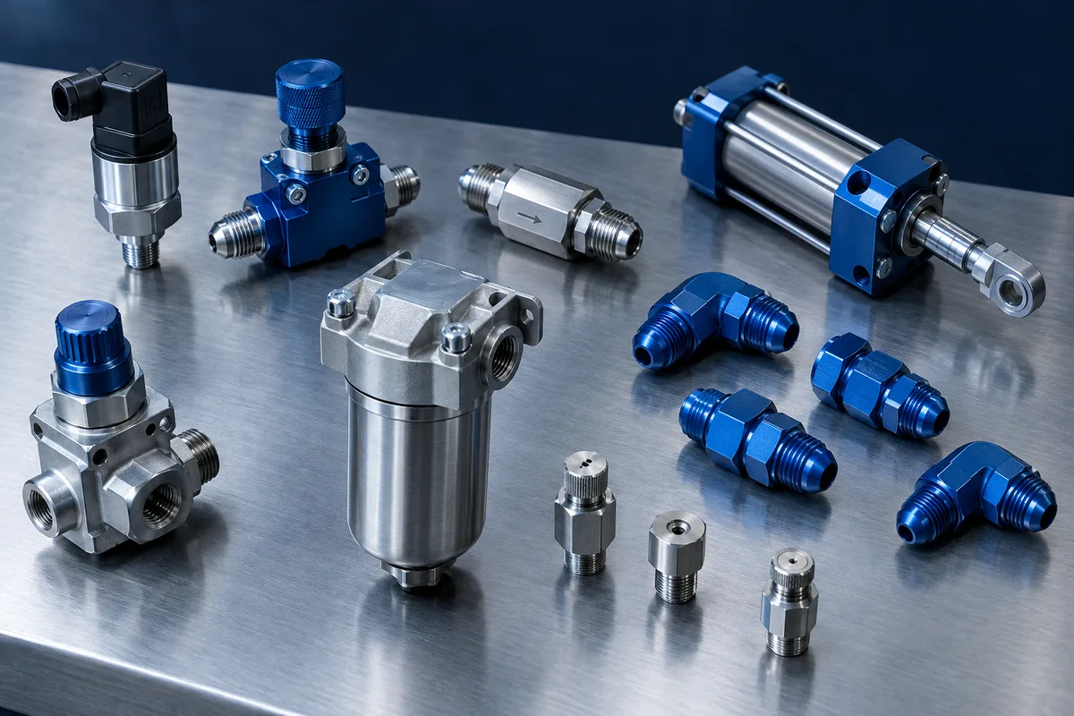 Aerospace valves, pressure switch, actuator, regulator, filter, and AN fittings laid out on a steel bench