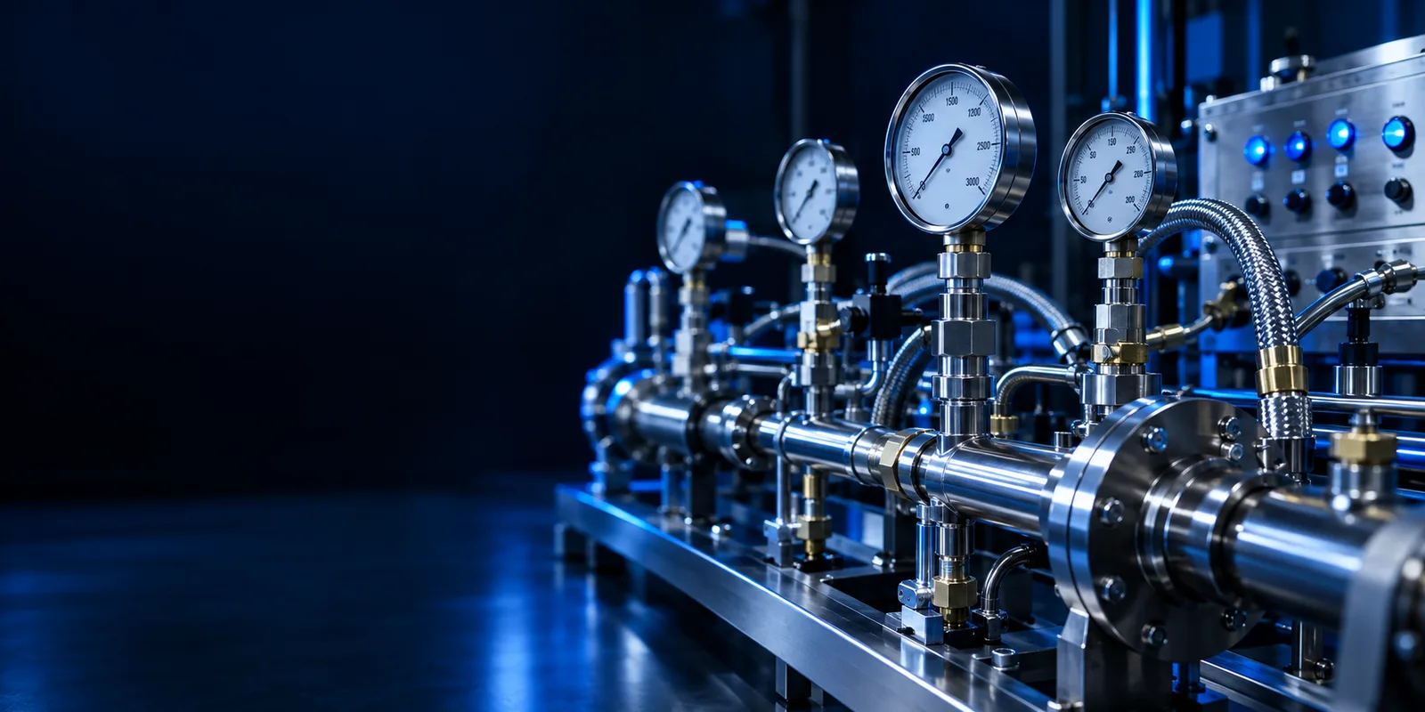 Aerospace flow and pressure test equipment plumbed in stainless steel